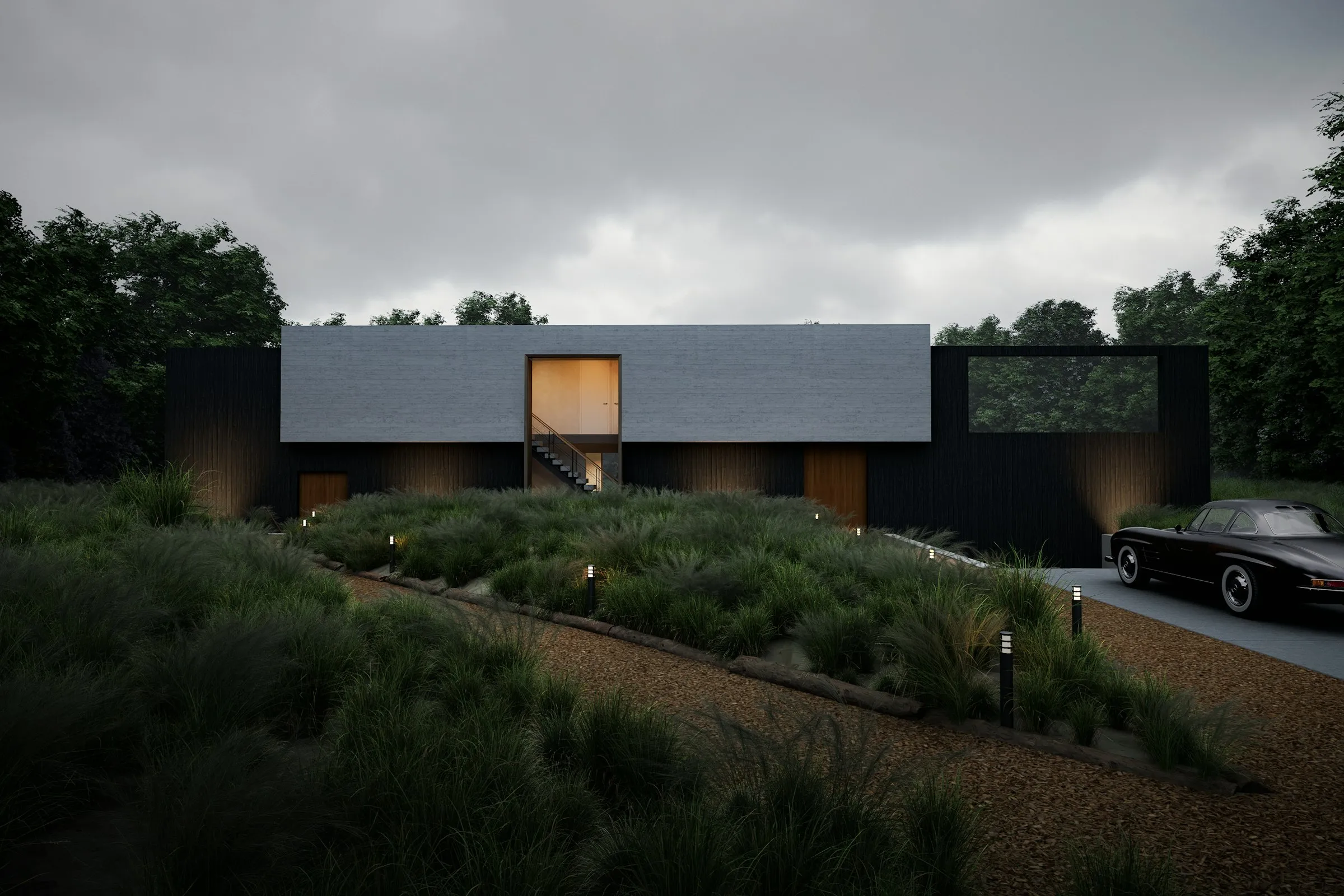 Contemporary Metro Manila residence at dusk, pool-lit terrace and glass facade