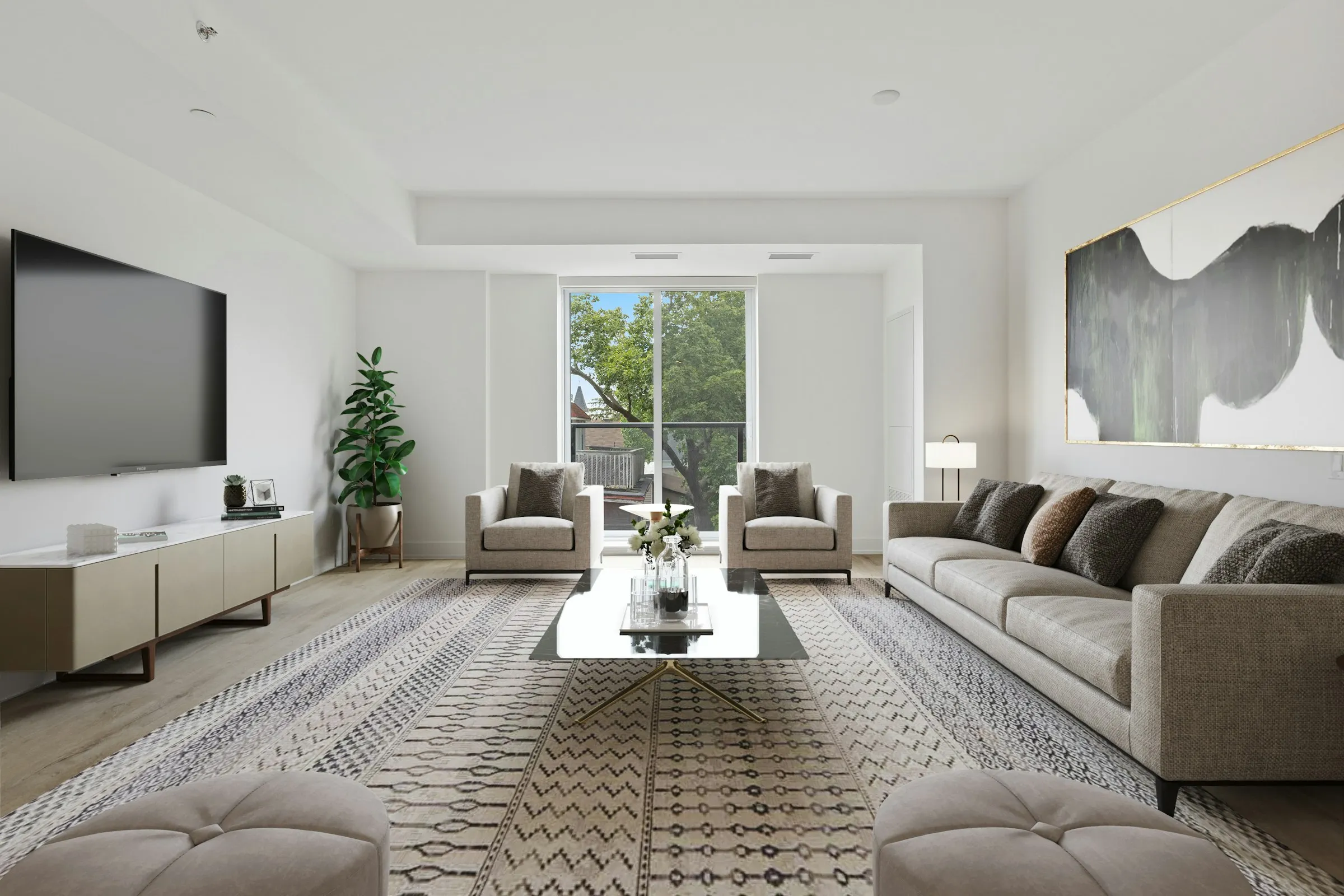 Floor-to-ceiling living room overlooking the Makati skyline at dusk